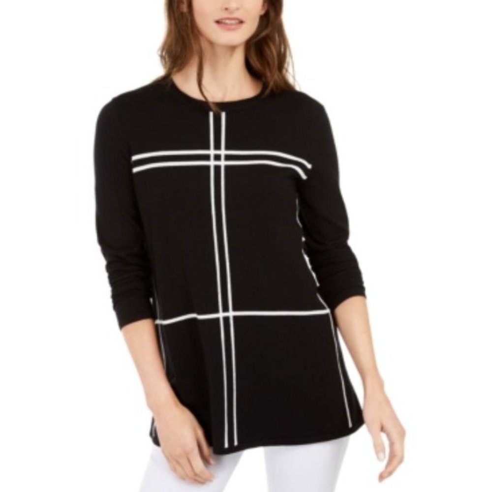 *NWT* ALFANI Women's Black Grid-pattern Long Sleeve Crew Neck Sweater Size M